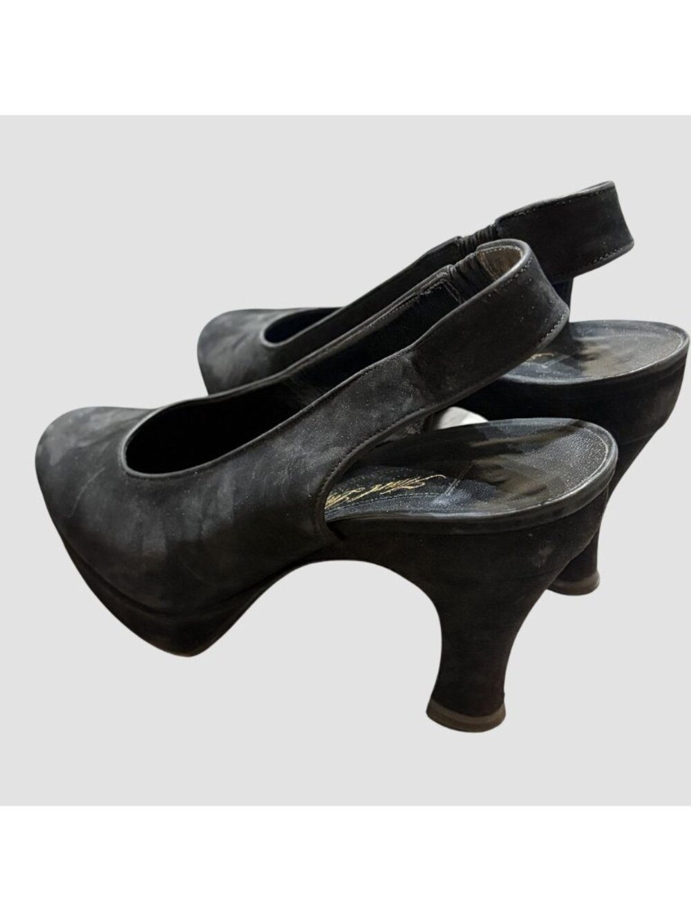 Karl Lagerfeld Suede Slingback Platform Heels 7M Black Almond Toe France VTG Y2K - Picture 10 of 13